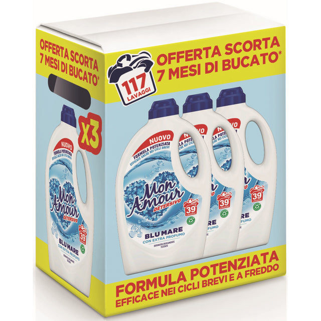 MON AMOUR DETERSIVO LIQUIDO BUCATO LAVATRICE BLU MARE 3 PEZZI DA 39 LAVAGGI